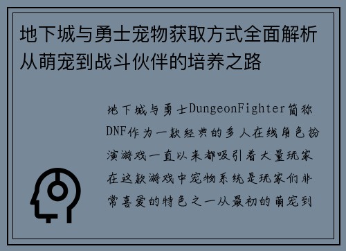 地下城与勇士宠物获取方式全面解析从萌宠到战斗伙伴的培养之路